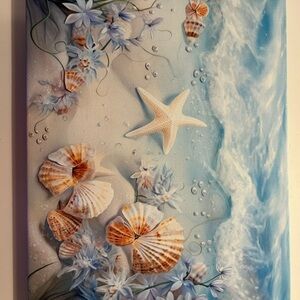Beachside Shells Canvas Art - Blue and Cream Coastal Print